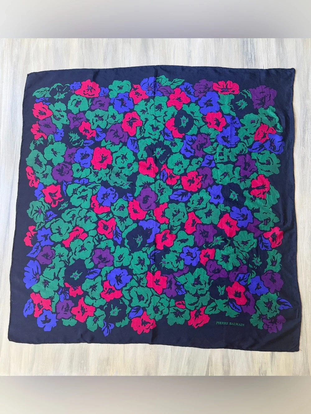 Balmain Navy Floral Silk Scarf Cottagecore Green Purple Pink Blooms